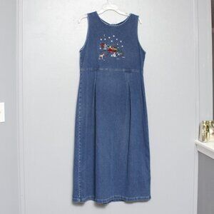 Woolrich vintage 90s winter scene embroidered denim maxi dress